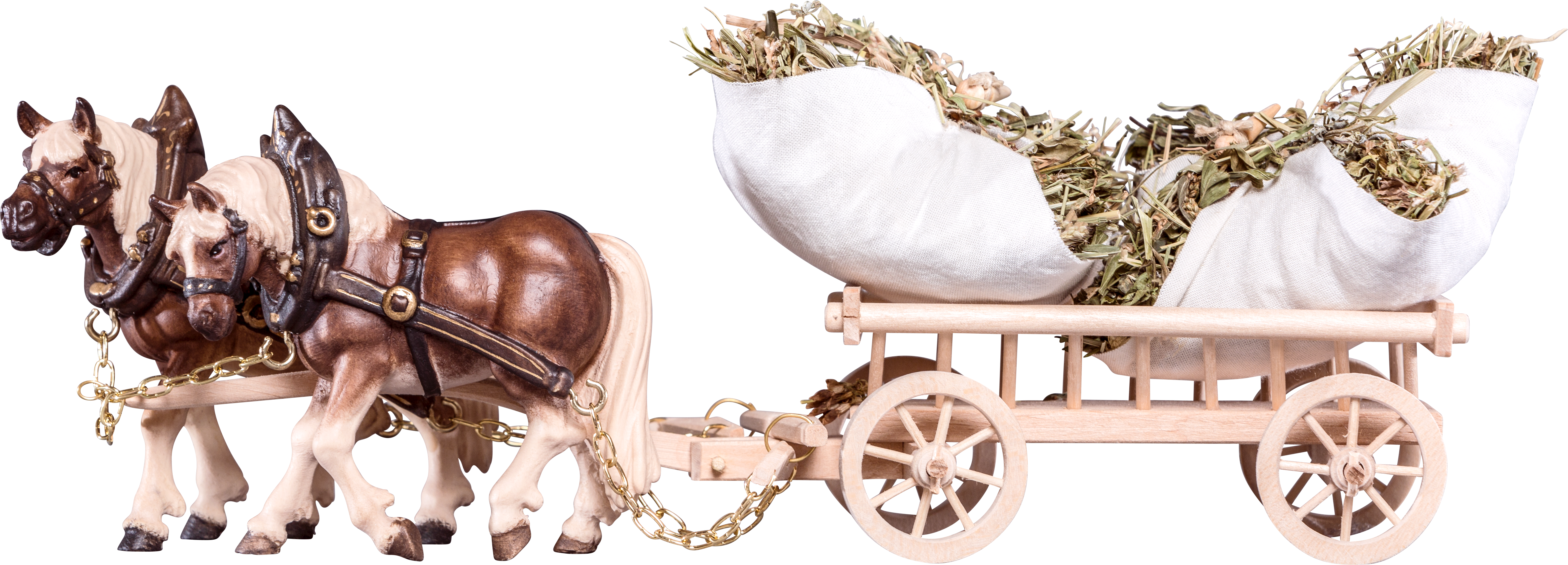 2 Cavalli da tiro con carro e fieno