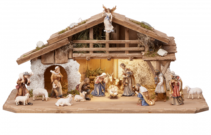 Kostner Nativity set 17 pcs - Alpine stable with lighting